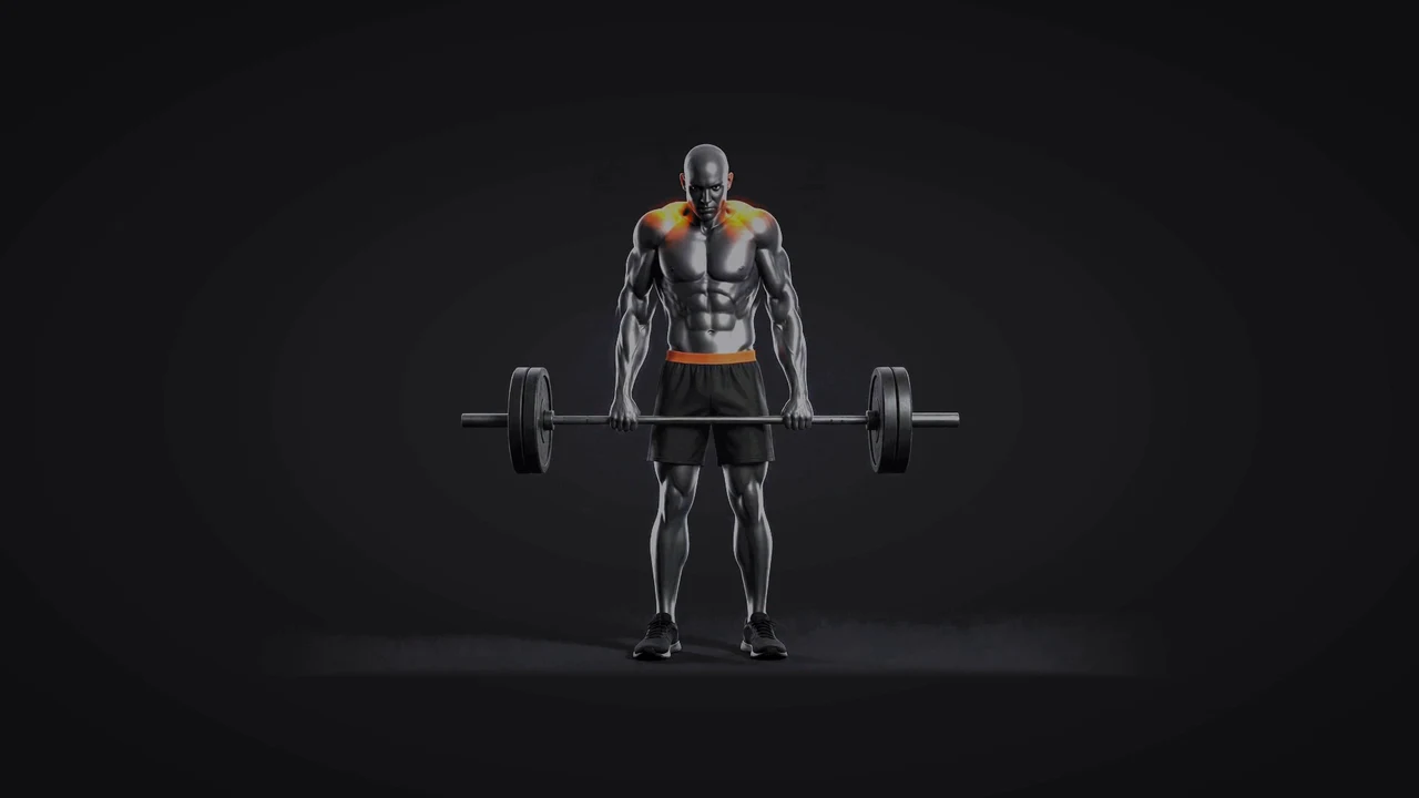 Demo still: barbell shrug.