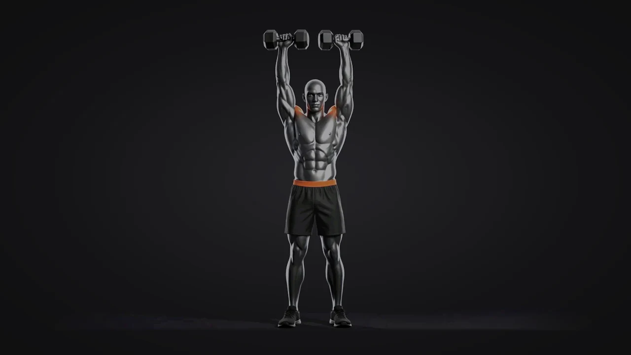 Demo still: dumbbell shoulder press.