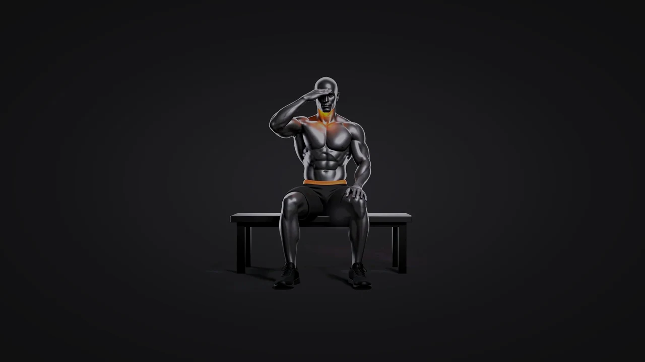 Demo still: seated neck flexion hold (hand).