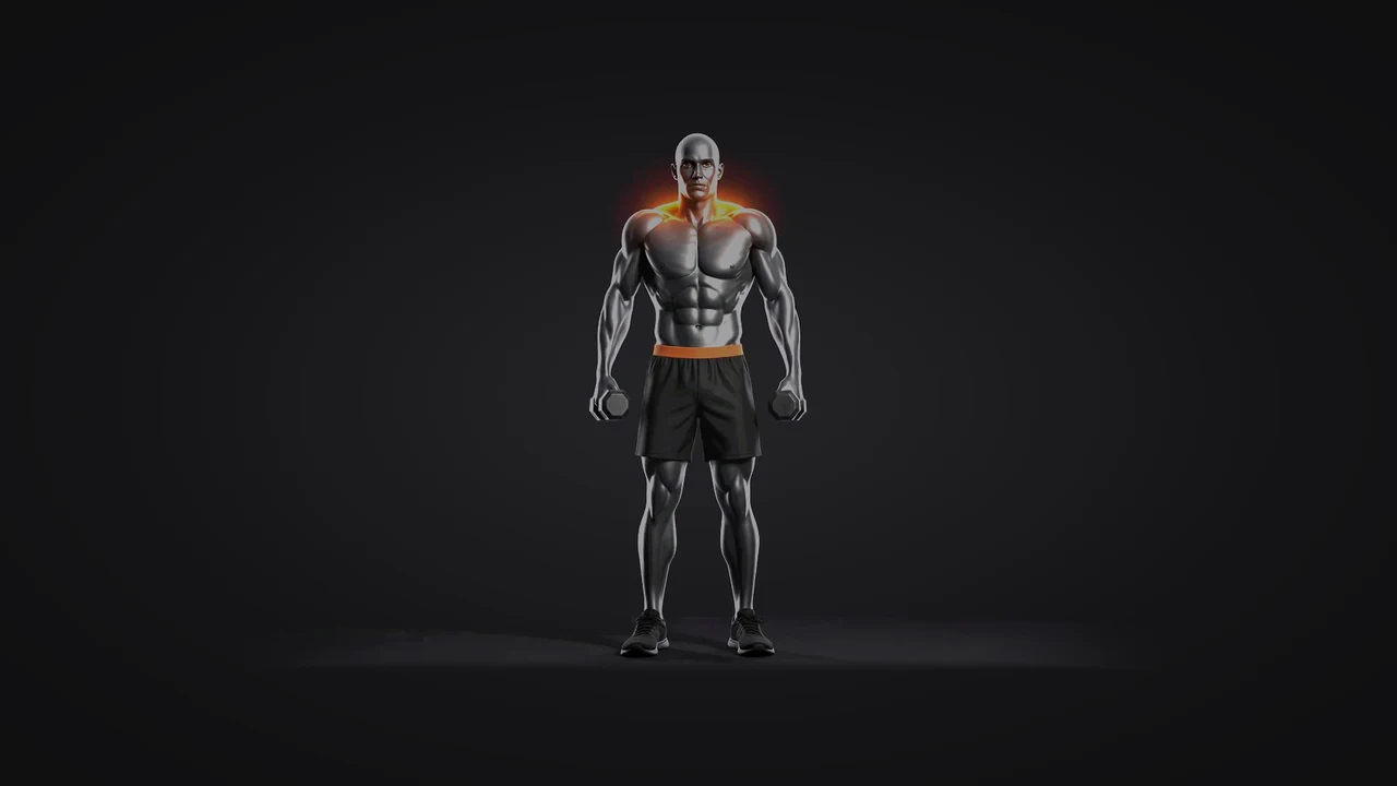 Demo still: dumbbell shrug.